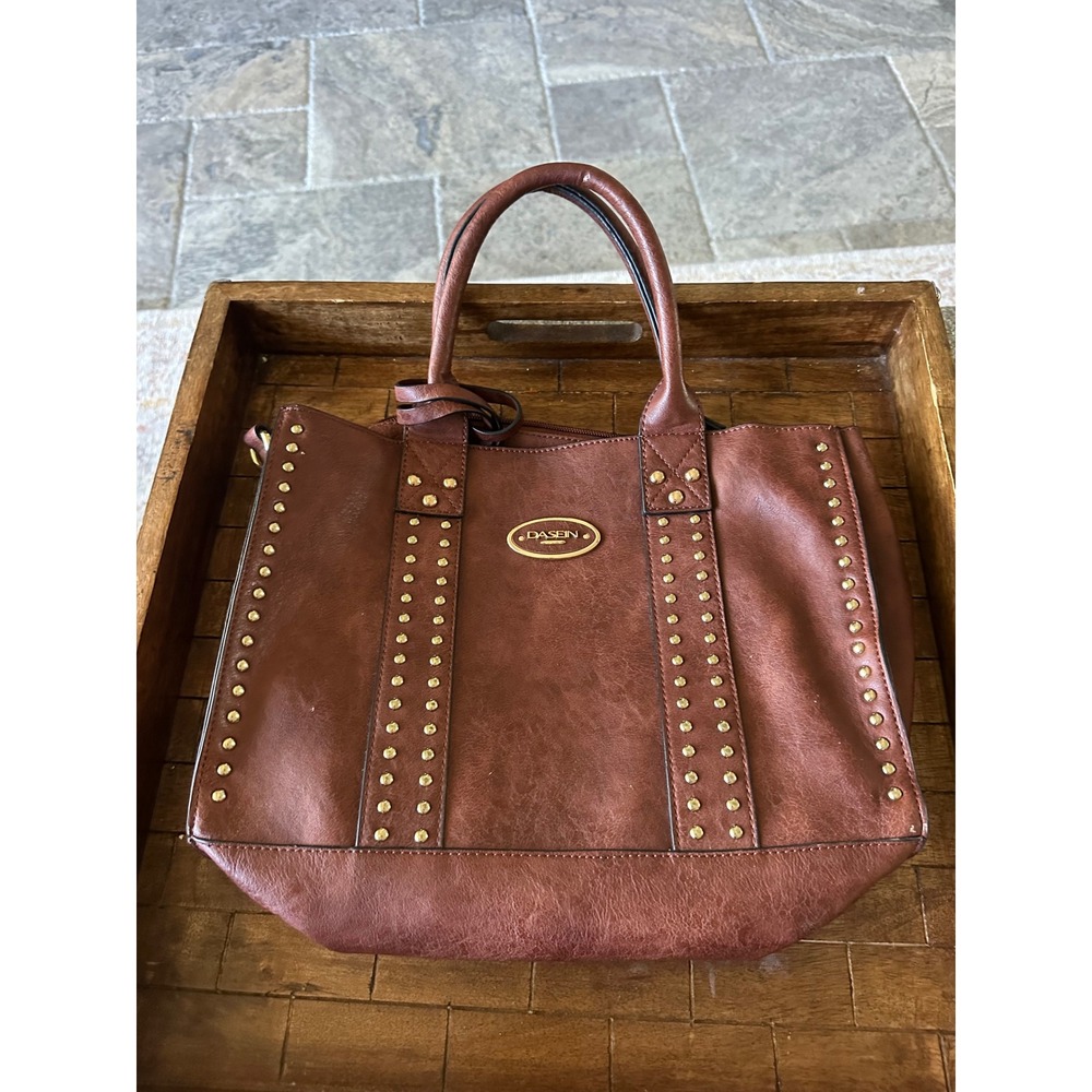 Dasein Brown Vegan Leather Studded Tote Bag Satchel with Matching Pouch Gold EUC